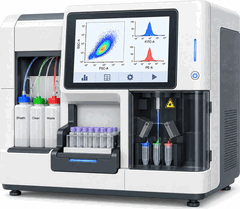 Benchtop flow cytometer with a touchscreen and reagent bottles