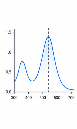 Absorbance spectrum with a marked peak wavelength