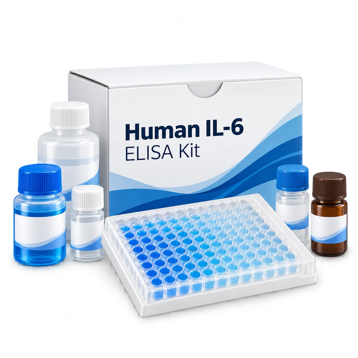 Boxed ELISA kit with reagent bottles and a filled plate