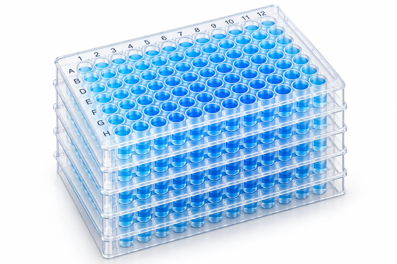 Stack of clear 96-well plates filled with blue solution