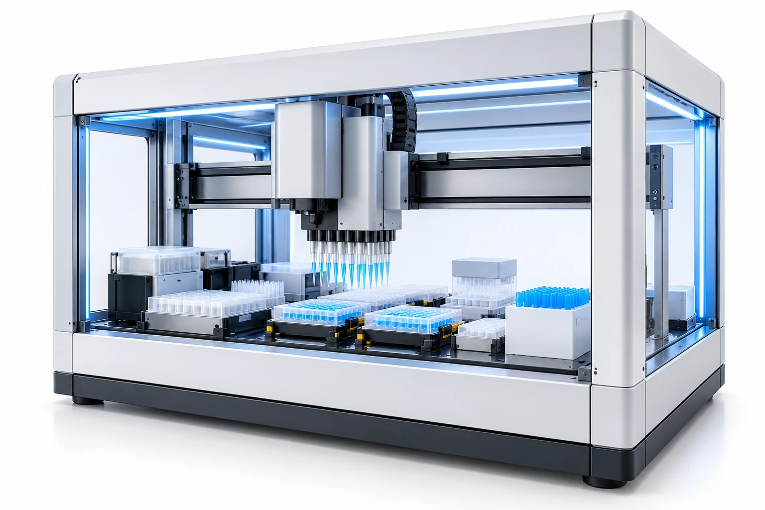 Enclosed liquid handler dispensing into plates on its deck